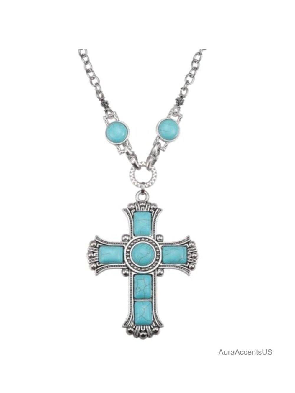 Turquoise Cross Necklace Silver Tone Gemstone Western Jewelry 18in + 2in Ext